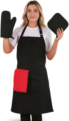 Miniatura 7 de Juego de delantales de 3 piezas; delantal de cocina ajustable, guantes de horno resistentes al calor, soporte para ollas I 482 °F I Delantales