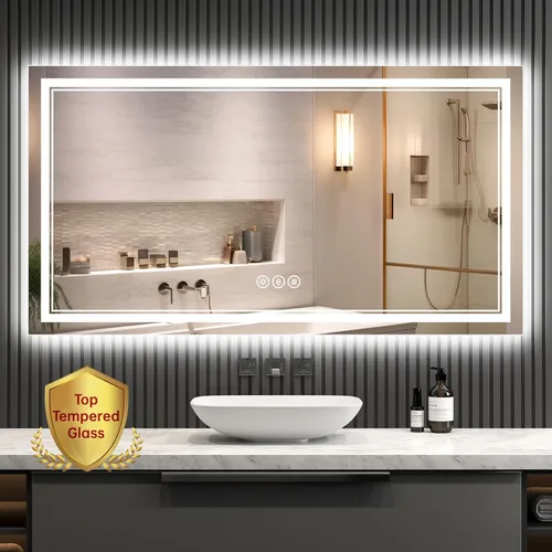 Miniatura 13 de Espejo de baño LED sin marco de 24 x 32 pulgadas, frontal y retroiluminado, vidrio templado inastillable, antivaho, 3 colores, regulable, memoria