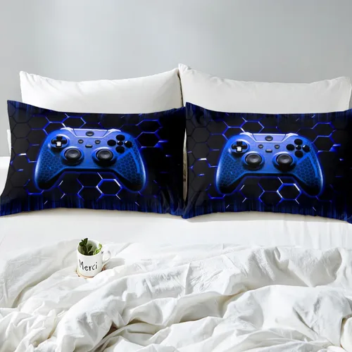 Miniatura 6 de Manfei Honeycomb - Juego de sábanas con diseño de mando de videojuegos tamaño Twin, juego de ropa de cama geométrica azul con controlador