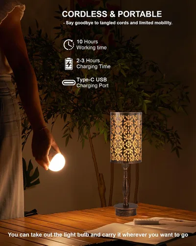 Miniatura 3 de UMEXUS - Lámpara de mesa inalámbrica pequeña con bombilla recargable Remote Control Timer & Dimmer & RGB Color Changing, Antique Ambient lighting