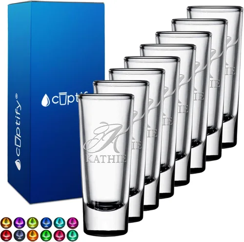 Miniatura 23 de Vaso de chupito personalizado con fondo verde azulado personalizado de 2 oz, vasos de chupito cordial con inicial en script dividido y nombre