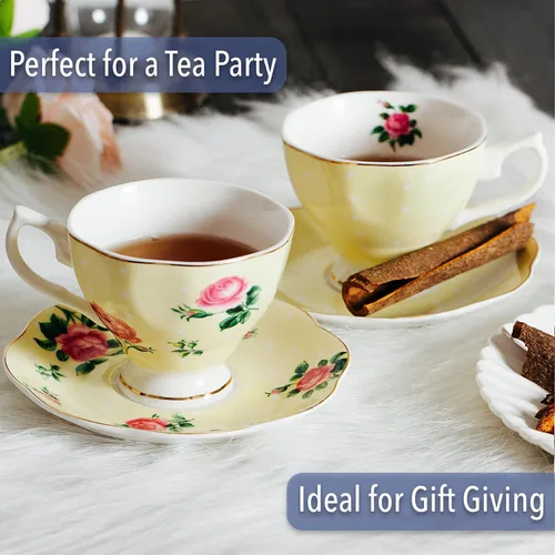 Miniatura 6 de BTAT - Juego de 8 tazas de té y platillos florales (8 onzas), juegos de tazas de té de porcelana, colores surtidos con ribete dorado y caja