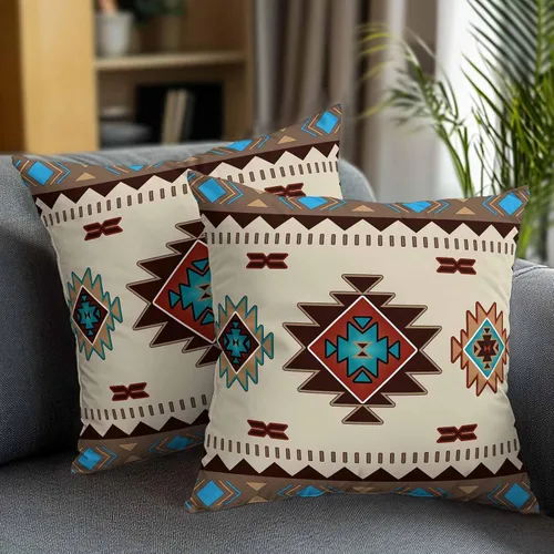 Miniatura 2 de Paquete de 2 fundas de almohada decorativas de algodón, nativos americanos en los Estados Unidos, estilo indio, geométrico, 18 x 18 pulgadas