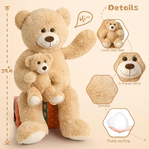 Miniatura 4 de Tezituor Oso de peluche grande con bebé, oso de peluche grande de 39 pulgadas con bebé, oso de peluche gigante para niños, novia en el día