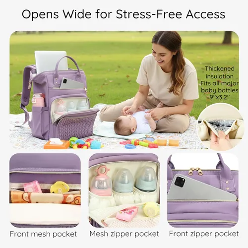Miniatura 5 de AIJIEKE Bolsa de pañales, mochila grande para pañales de bebé de gran apertura, bolsa de viaje multifuncional para bebé, bolsa de pañales con Púrpura