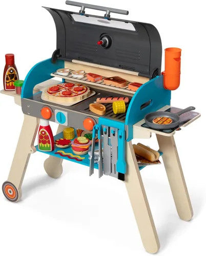 Melissa & Doug Parrilla de barbacoa de madera de lujo, ahumador y horno de pizza, comida de juguete y accesorios de cocina para niños, juguetes de
