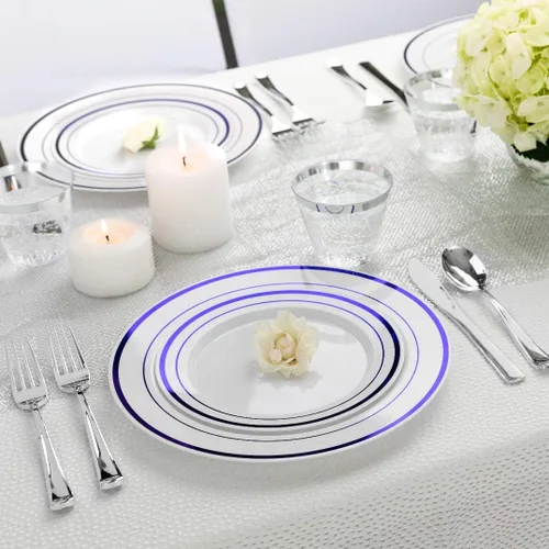 Miniatura 2 de Platos de plástico desechables de 125 piezas de color blanco y azul con cubiertos, vajilla elegante para bodas, fiestas de vacaciones, China, juego