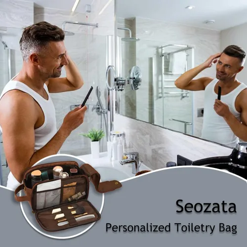 Miniatura 4 de Bolsa de aseo personalizada para hombre, kit dopp de gran capacidad con iniciales de nombre personalizado de cuero PU, regalo para padrinos, bolsa