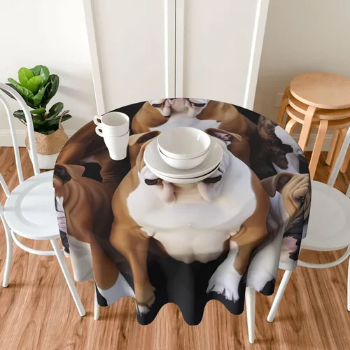 Miniatura 6 de Mantel redondo de 60 pulgadas impermeable con estampado de bulldogs ingleses, mantel circular para cocina, comedor, arrugas, mantel redondo