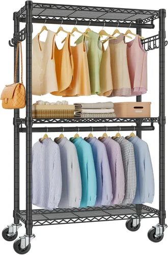 Miniatura 13 de VIPEK R2 Perchero de ropa resistente para colgar ropa, estante de prendas rodante ajustable con barras dobles y ganchos, armario independiente
