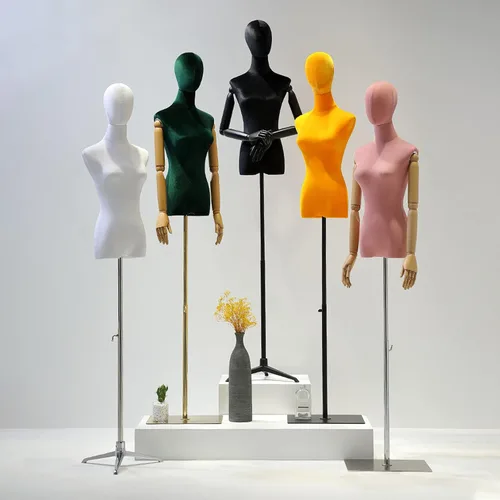 Miniatura 6 de Torso de maniquí de forma de vestido femenino, altura del cuerpo del maniquí de terciopelo ajustable, con brazo de madera maciza y base de metal