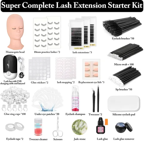 Miniatura 3 de Kit de extensión de pestañas para principiantes, 345 PCS Suministros de práctica: Cabeza de maniquí con párpados extraíbles, pegamento de extensión