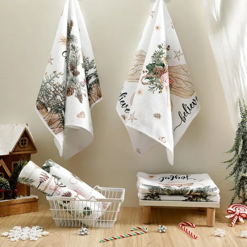 Miniatura 6 de FuWeave Toallas de Cocina Navideñas Beige Paños de Cocina con Árbol Navideño Toallas de Mano Decorativas Hello Winter Absorbentes Pelota de Guantes