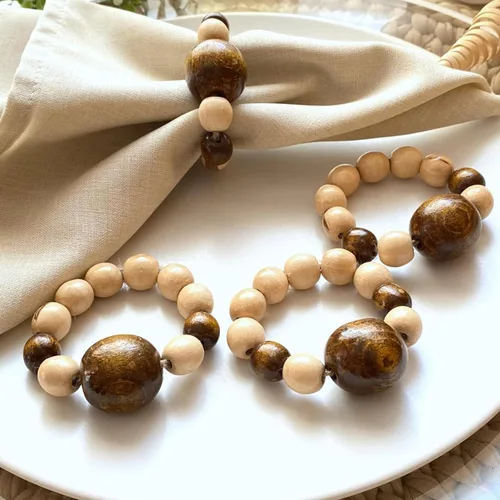 Miniatura 4 de Juego de 6 servilleteros modernos con cuentas de madera Servilleteros de cena para vacaciones y Navidad, fiesta de cumpleaños y decoración de boda
