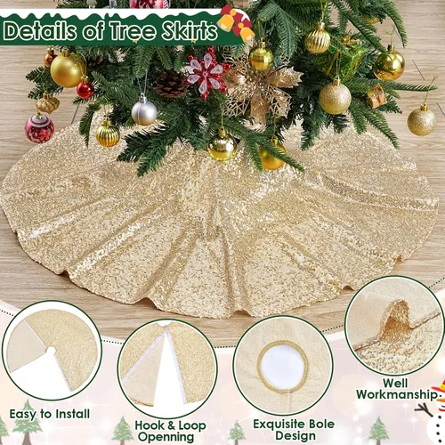 Miniatura 6 de Faldón para Árbol de Navidad 24 Pulgadas Redondo de Champán, Faldón Pequeño para Árbol de Navidad, Adornos de Navidad Lentejuelas para Fiesta de Año