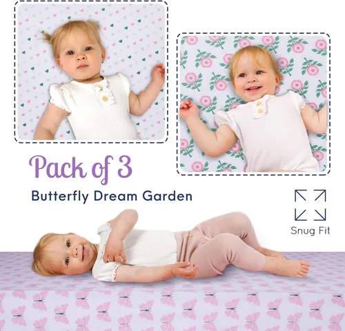 Miniatura 7 de GROW WILD Juego de 3 sábanas para cuna, suaves y elásticas, de algodón, para cuna, para niñas, lindas sábanas para bebé niña (corazones y flores)