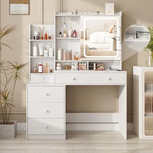 Halitaa Tocador de maquillaje blanco con espejo LED y tira de alimentación, escritorio con muchos cajones y espejo que se puede abrir, 3 colores de