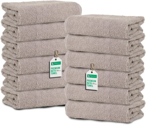 Toallas de baño_Paquete de 12 toallas de baño beige (paquete de 12, 27 pulgadas de ancho x 54 pulgadas de largo), color beige, toalla de algodón