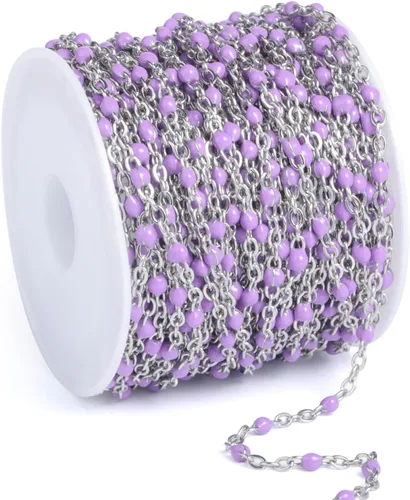 Miniatura 25 de Cadenas de esmalte dorado de 33 pies a granel, 2 mm, chapadas en oro de 18 quilates con PVD, acero inoxidable 304, cadena de eslabones con cuentas