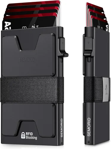 Miniatura 50 de Cartera delgada de aluminio para hombre, placa trasera expandible duradera, bloqueo RFID, billetera desplegable de metal minimalista, con capacidad