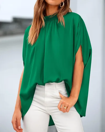 Miniatura 90 de BTFBM Blusas de verano para mujer, cuello alto falso, manga murciélago, holgadas, dobladillo alto y bajo, blusas informales de gran