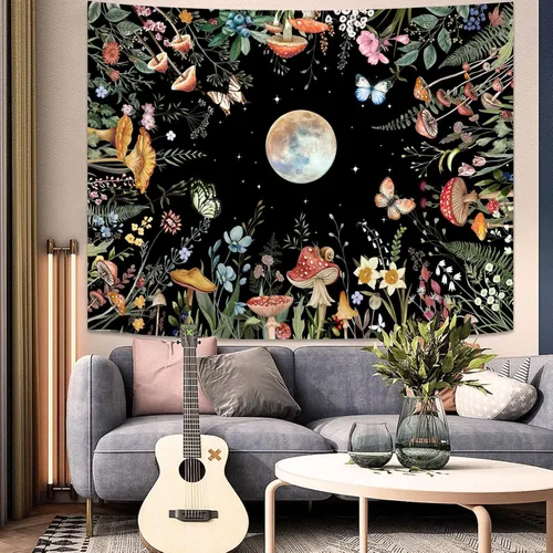 Miniatura 5 de AMM Tapiz de jardín con luna iluminada por la luna, plantas verdes botánicas, hongos, flores, tapiz para colgar en la pared, color negro