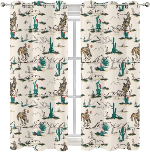 Miniatura 8 de Cortinas opacas retro de vaquero occidental para dormitorio, estilo rústico, cactus, salvaje oeste, vaquero, paseo, caballo, con ojales, aislamiento