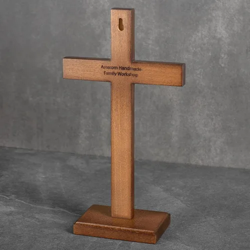 Miniatura 7 de Asterom Crucifijo de San Benito hecho a mano - Cruz de madera de mesa con soporte desmontable - Crucifijo católico de pie único
