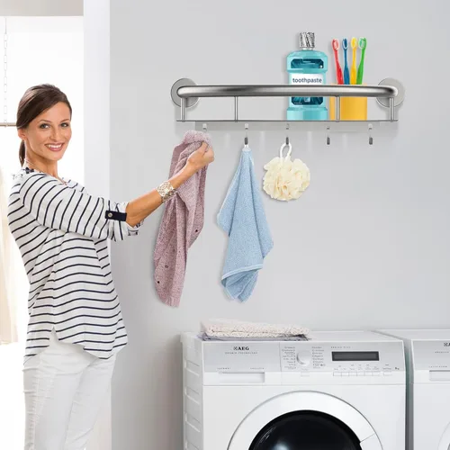 Miniatura 5 de Barra de seguridad de níquel cepillado de 18 pulgadas con estante de almacenamiento para bañera o ducha, orificios de drenaje, acero inoxidable