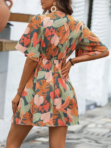 Miniatura 2 de SHENHE Vestido corto bohemio con estampado tropical en V profundo y media manga con vuelo para mujer