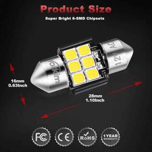 Miniatura 6 de Yorkim Bombilla LED De3175 de 1.102 in, color blanco, súper brillante, 1.102 in, 1.142 in, sin errores, CANBUS 6-SMD 2835 Chipsets para luces