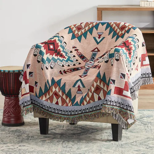 Miniatura 8 de Touchat Manta de nativos americanos, decoración occidental, manta bohemia para sofá, manta decorativa mexicana de granja, manta tejida con Beige
