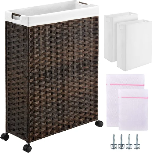 Miniatura 13 de GREENSTELL - Cesta de ropa con ruedas, 45 L (11.9 galones) Cesta pequeña de ropa con 2 bolsas extraíbles y 2 bolsas de malla, cesto de ratán delgado