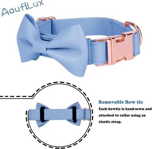 Miniatura 5 de Collar de cuero suave para perro, ajustable, lindo collar de pajarita [fácil de limpiar] con elegante hebilla de metal resistente de oro rosa