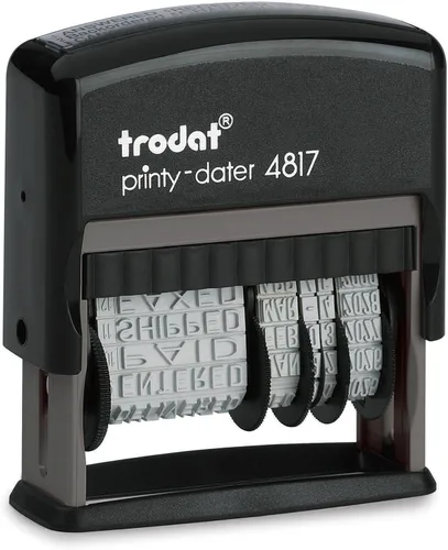 Trodat Printy 4817 Sello de frase/fecha 12 frases en inglés: pagado, enviado, recibido, correo electrónico y más fechas de 12 años hasta el 65% de