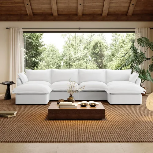 Miniatura 35 de Sofá modular de mezcla de lino para sala de estar, cómodo sofá modular con relleno de plumón, moderno sofá cama convertible con asiento profundo