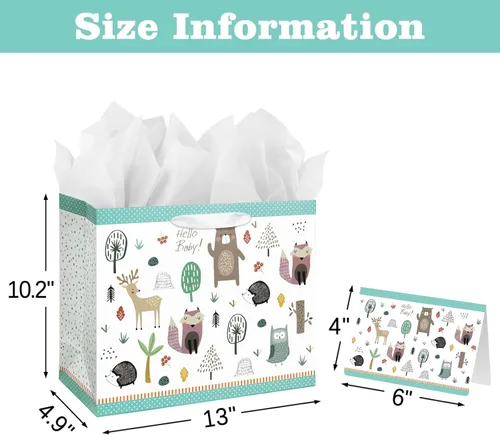 Miniatura 2 de Bolsa de regalo grande de 13 pulgadas con tarjeta y papel de seda para baby shower, cumpleaños de niños (animales del bosque)