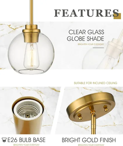 Miniatura 5 de Luces Colgantes de Latón para Isla de Cocina Paquete de 2, Luz Colgante Dorada Estilo Granja con Pantalla de Globo de Vidrio Transparente