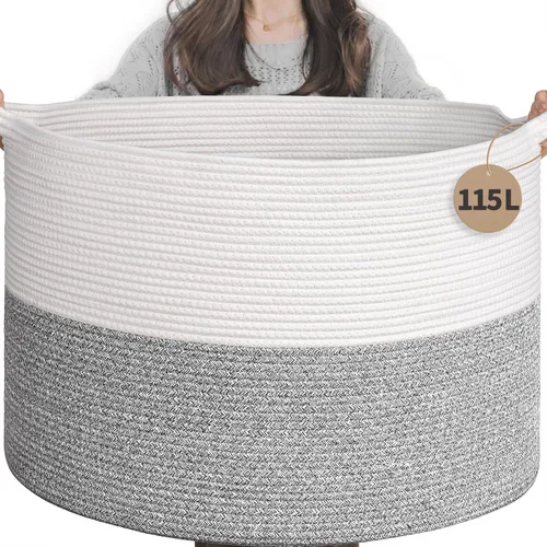 Miniatura 27 de INDRESSME Cesta de Cuerda de Algodón XXXLarge 21.7" x 21.7" x 13.8" Cestas Tejidas para Ropa de Bebé Cestas de Mantas Cesta de Juguetes con Textura