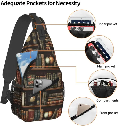 Miniatura 4 de Small Crossbody Bags for Women Men - Vintage Bookshelves Print Adjustable Shoulder Bag Fanny Packs Belt Sling Bag Crossbody Purses Backpack for