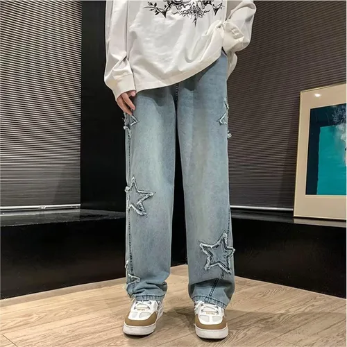 Miniatura 3 de Pantalones vaqueros Y2k para hombre, estilo hip hop, holgados, con estrellas, pantalones de mezclilla de pierna recta, pantalones deportivos