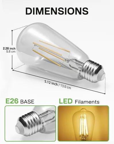 Miniatura 6 de Bombillas del amanecer al anochecer, 6 W equivalente a 60 W, blanco suave 2700 K, base E26, detección de luz, estilo vintage ST58, 600 lm, bombillas