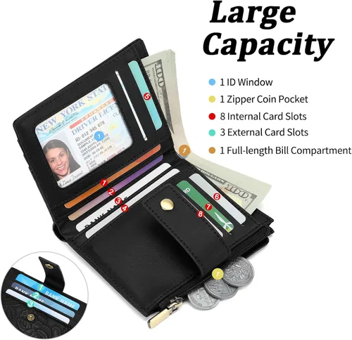 Miniatura 2 de SENDEFN Billeteras pequeñas para mujer, con bloqueo RFID, de cuero, plegable, para tarjetas de crédito, bolsillo con cremallera y ventana