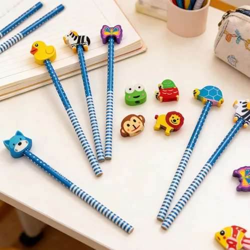 Miniatura 7 de Paquete de 50 lápices de animales de dibujos animados con borradores, lápices divertidos azules para niños, lindo juego de lápices y borradores