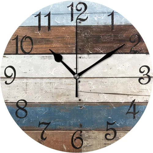 Miniatura 36 de Reloj de pared rústico retro con puerta de granero de madera, marrón, azul, funciona con pilas, silencioso, sin tictac, 10 pulgadas, reloj de mesa