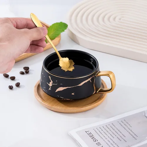 Miniatura 6 de Jusalpha Juego de taza de té de 10 oz con impresión de mano dorada y platillo/Juego de taza de café y platillo de bambú TCS19 (Negro)
