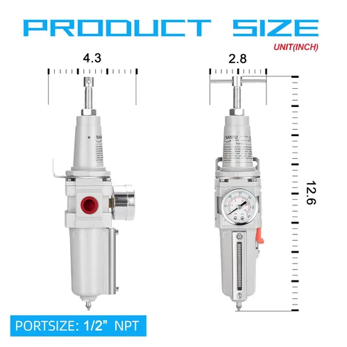 Miniatura 3 de NANPU Filtro de aire de alta presión NPT de 1/2 pulgada/regulador combinado, mango en T, drenaje semiautomático, calibre 0-300, cuenco de metal