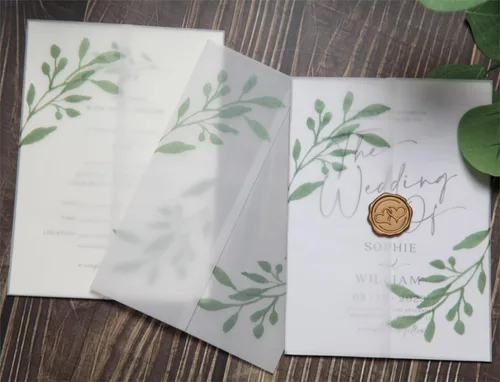 Miniatura 8 de Puremigo Paquete de 50 chaquetas de vellum preplegadas para invitaciones de 5 x 7, patrón de lámina de oro rosa, papel de 115 GSM, envolturas