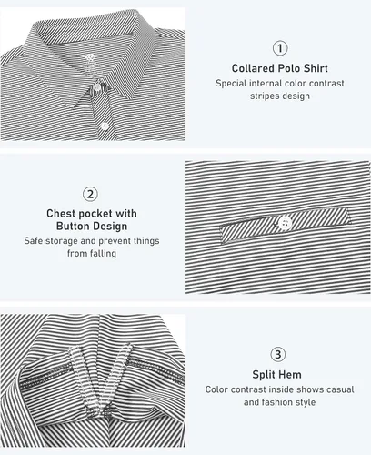 Miniatura 5 de MoFiz Polo de golf para hombre, ajuste seco, a rayas, de manga corta, absorbe la humedad, con bolsillo