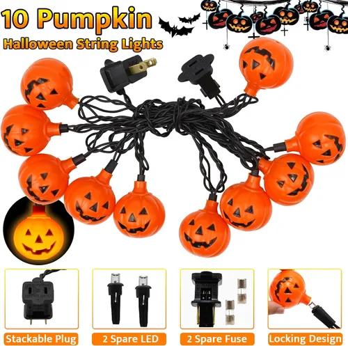 Miniatura 3 de Couah Guirnalda de luces LED de calabaza de Halloween, luces de linterna Jack O de 8.5 pies con 10 calabazas enchufables, impermeables